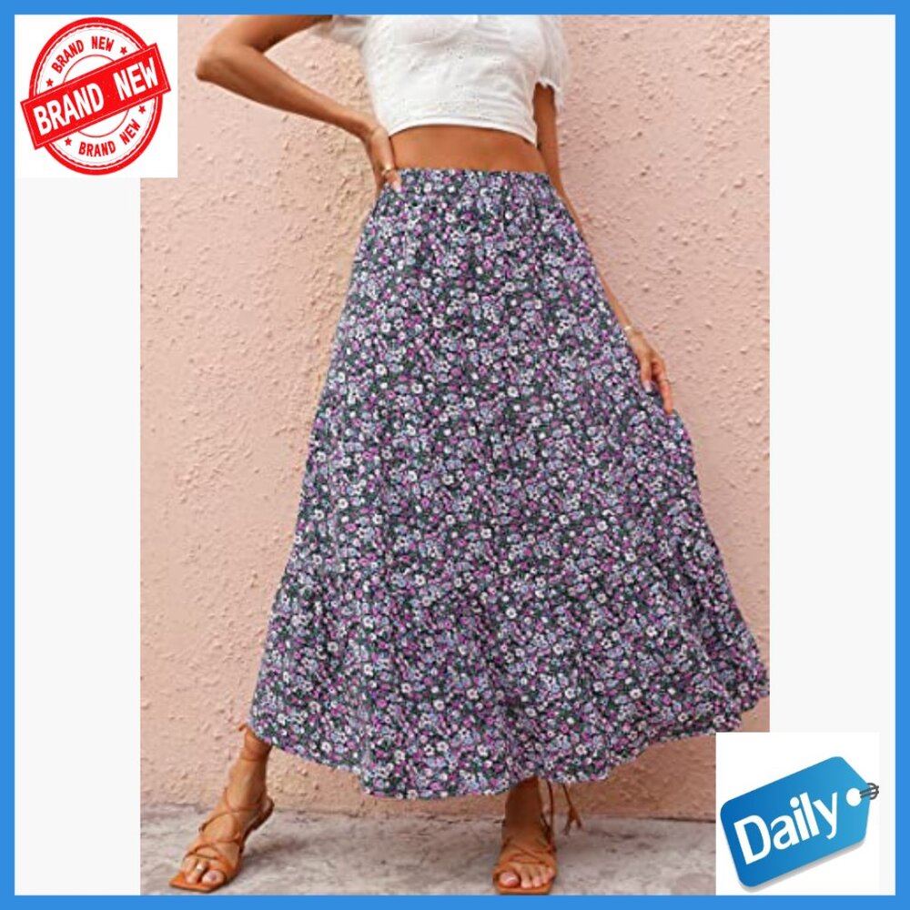 High Waist Boho Floral Maxi Skirt Lightweight Viscose Elastic Beach Casual - Picture 2 of 7